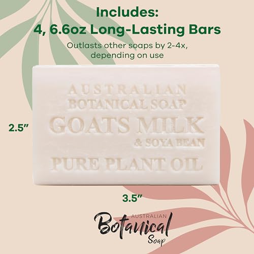 Australian Botanical Goats Milk Soap with Soya Bean 6.6 OZ Luxury Soap Bars Enriched Shea Butter, Luxury Face, Hand and Body Bars Suitable for All Skin Types, Pack of 4